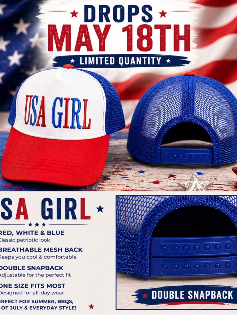 USA Girl Hat 🇺🇸 Trucker Cap Red White Blue Mesh Snapback Summer